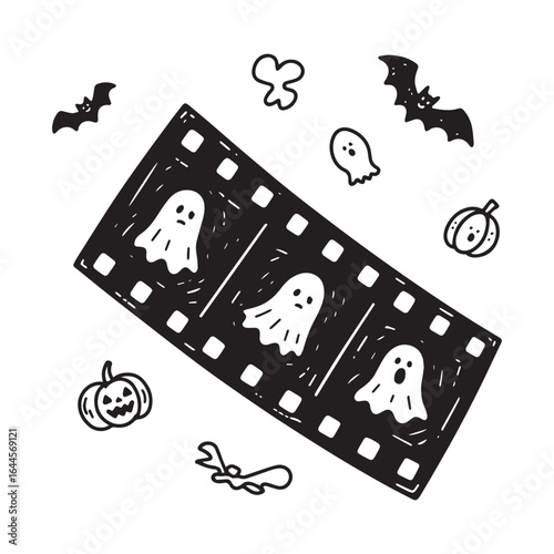 A sticker depicting a vintage film roll with playfully spooky tiny ghost faces peering out from each frame. 