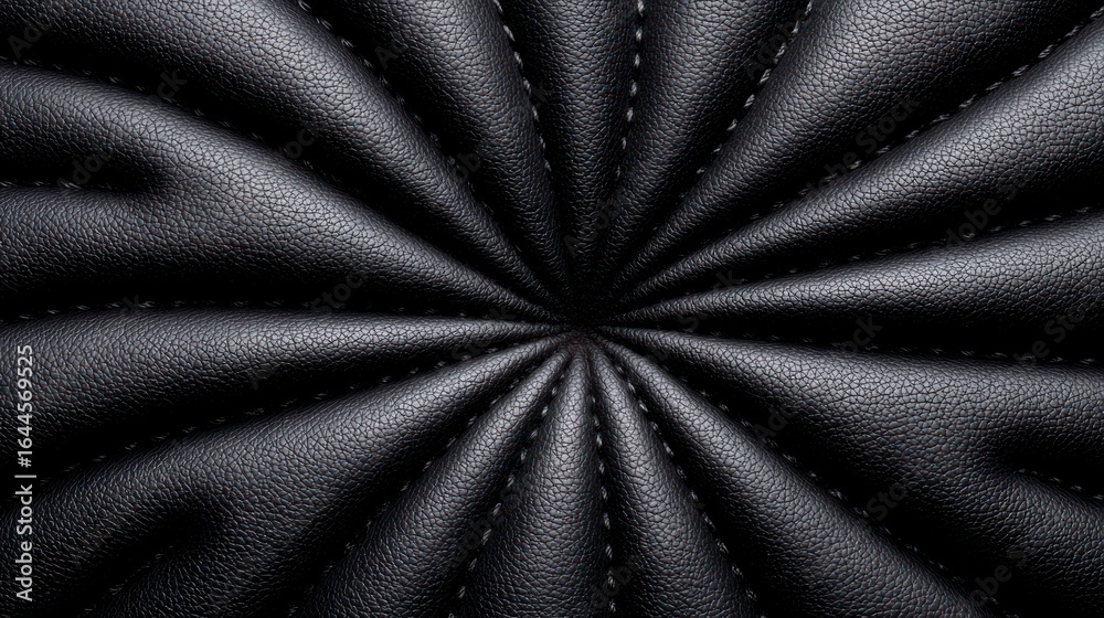 Obraz premium Close up textured black leather upholstery with stitched quilting radiating from the center