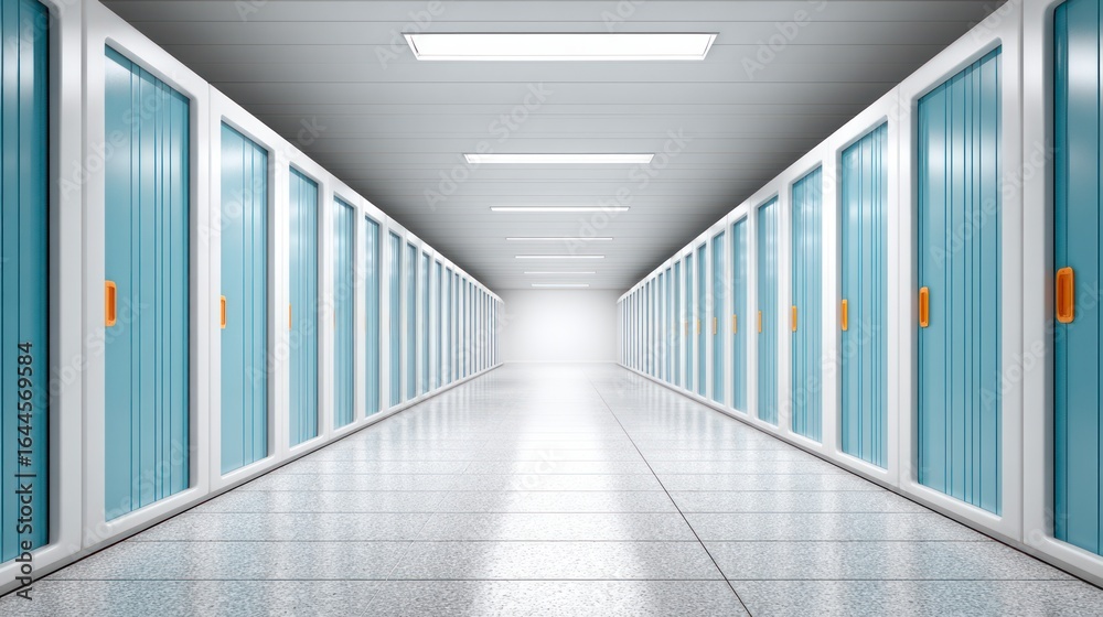 Obraz premium Clean empty storage unit hallway with rows of identical blue doors and white frames