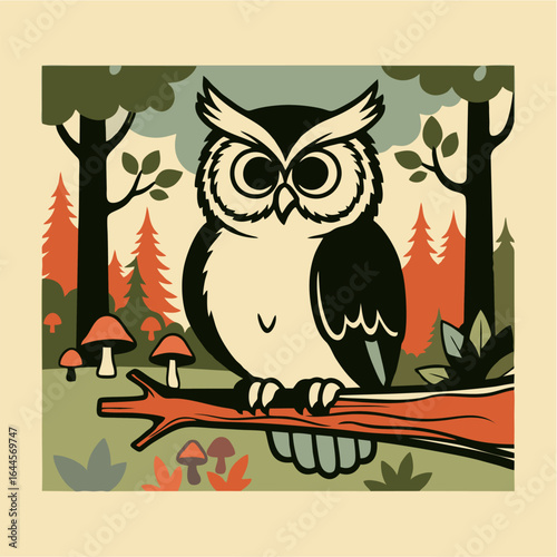 Charming illustration of a wise owl perched on a sturdy branch, surrounded by a stylized forest with towering trees and delicate mushrooms, showcasing woodland serenity.