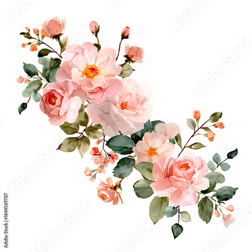 Delicate pink roses and greenery watercolor floral arrangement