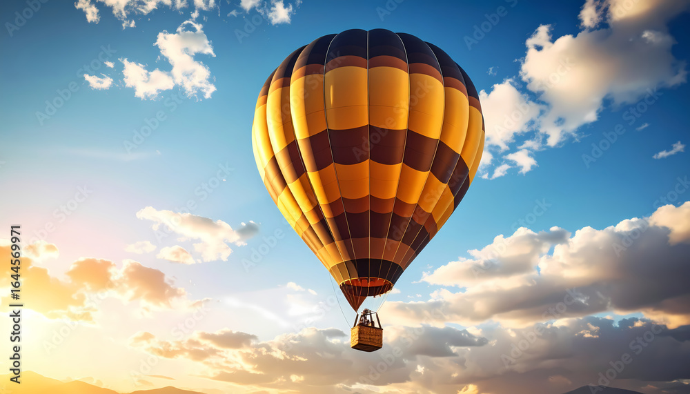 Naklejka premium Hot air balloon soaring through sunrise sky