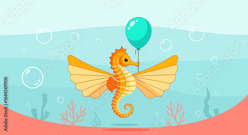 A whimsical seahorse with butterfly wings and a balloon soaring underwater scene