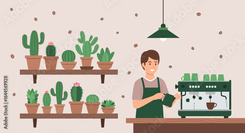 A barista prepares coffee surrounded by cacti plants in a cozy coffee shop scene