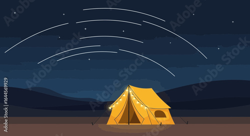 A beautiful night view illustration of a camping tent under a starry sky with meteor showers evoking a sense of wonder and adventure