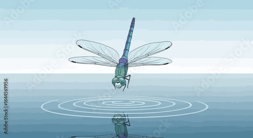 A blue dragonfly delicately touches the water's surface creating concentric ripples effect illustration