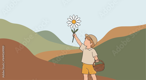 A Boy's Innocent Connection with Nature Holding a Daisy in a Serene Landscape