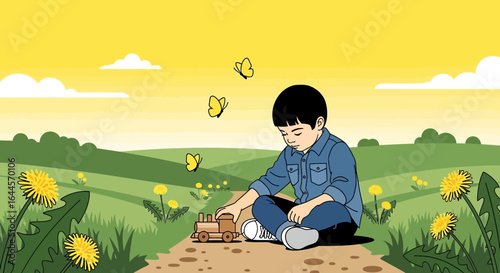 A captivating illustration of a child's idyllic playtime with butterflies in nature