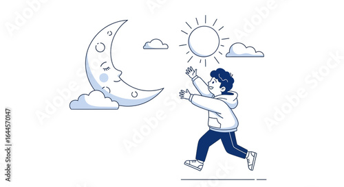 A cartoon illustration depicting a boy chasing the sun while the moon watches from afar creating a dreamy and imaginative scene