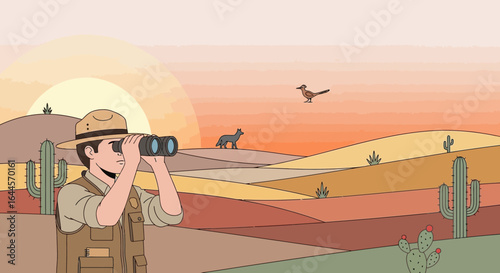 A cartoon illustration of a park ranger using binoculars in the desert landscape at sunset capturing the serene beauty