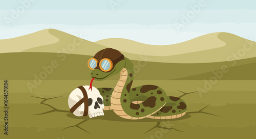 A Cartoon Snake with Goggles Leans Against a Skull in a Desert Landscape Scene