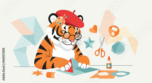 A cartoon tiger wearing a beret and glasses engaged in a paper craft activity creatively expressing itself