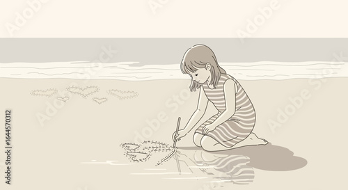 A charming depiction of a young girl immersed in creating art on a sandy beach shore