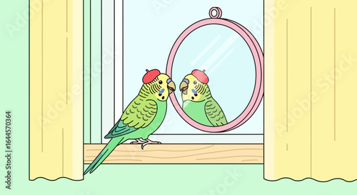A charming illustration of a budgerigar wearing a red beret admiring itself in a round pink mirror on a window sill