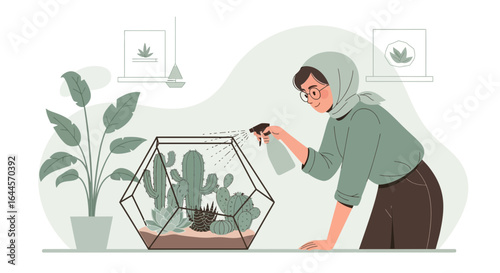 A woman tending to her indoor garden filled with cacti and plants in a modern setting exhibiting plant care and a relaxing hobby