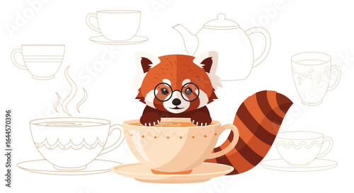 A charming illustration of a red panda wearing glasses inside a teacup surrounded by teaware illustrations