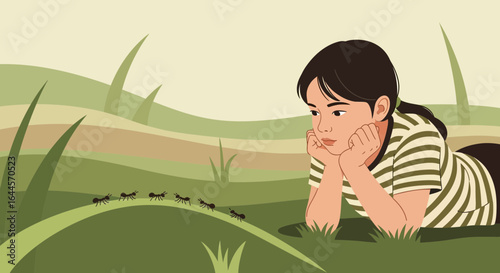 A young girl observing ants in nature connecting with the natural world quietly