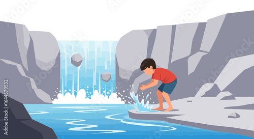 A young boy enjoys playing near a refreshing waterfall surrounded by rocky cliffs scenery of nature and relaxation at the river