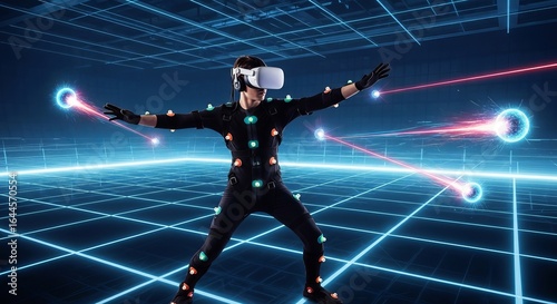 Experience virtual reality gaming: man in vr headset playing interactive game simulation