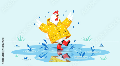 A cheerful chicken wearing a yellow raincoat and red boots happily plays in a puddle during a rain shower