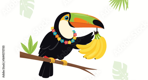 A cheerful toucan with a flower necklace balances bananas on its colorful beak with tropical leaves background