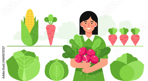 A cheerful woman surrounded by fresh vegetables in an eco friendly environment for a healthy lifestyle concept