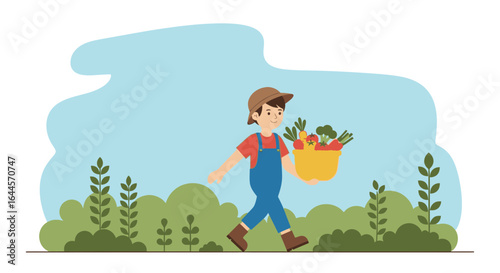A cheerful young farmer carries a basket brimming with freshly harvested vegetables across his flourishing farm landscape