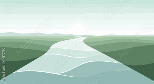 Abstract Serene Vista With Winding River And Verdant Hills Background
