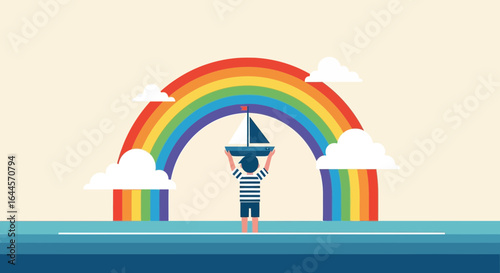 A child's dream: Sailing under a rainbow, a whimsical journey filled with hope