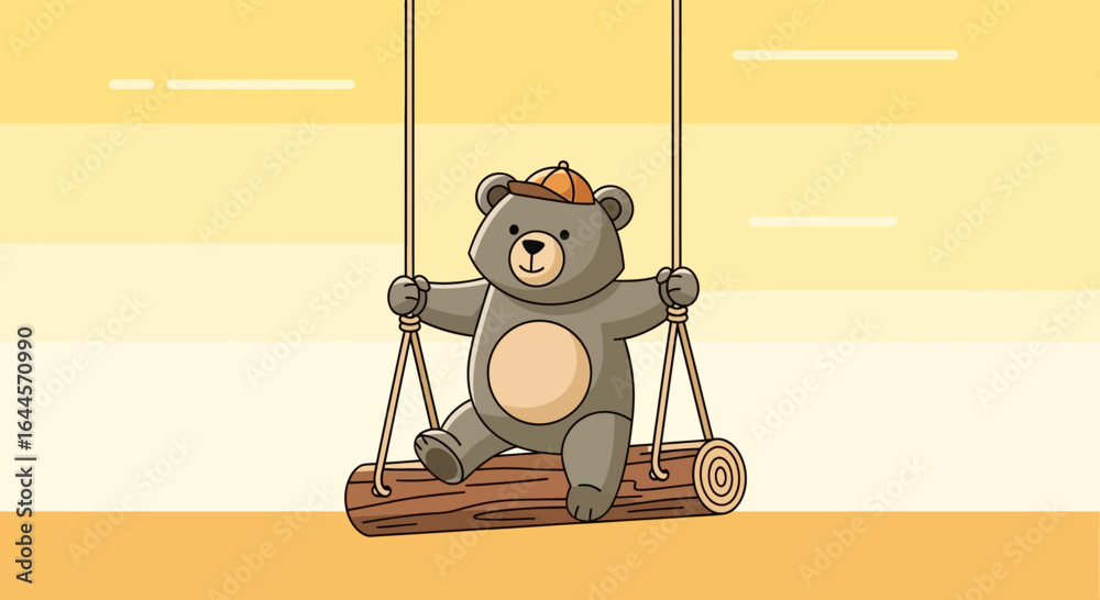 Fototapeta premium Adorable Cartoon Bear on a Swing Illustration with a Warm and Playful Composition of Nostalgia