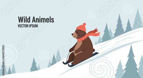 Adorable bear sledding down snowy hill in a winter forest cartoon illustration suitable for kids and family content