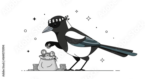 A cunning magpie thief cartoon illustration amassing wealth cleverly and mischievously with money