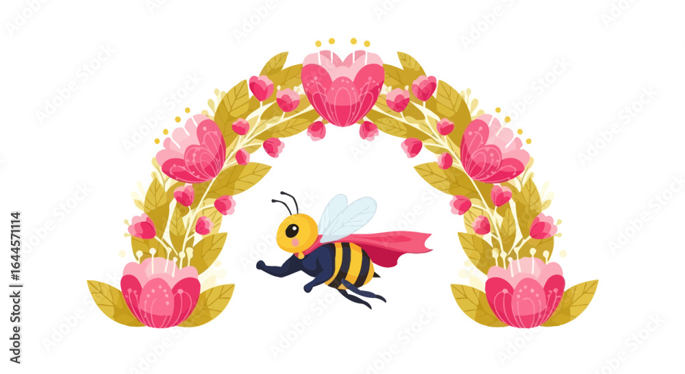 Fototapeta premium A cute superhero bee flying through a floral archway illustration for children