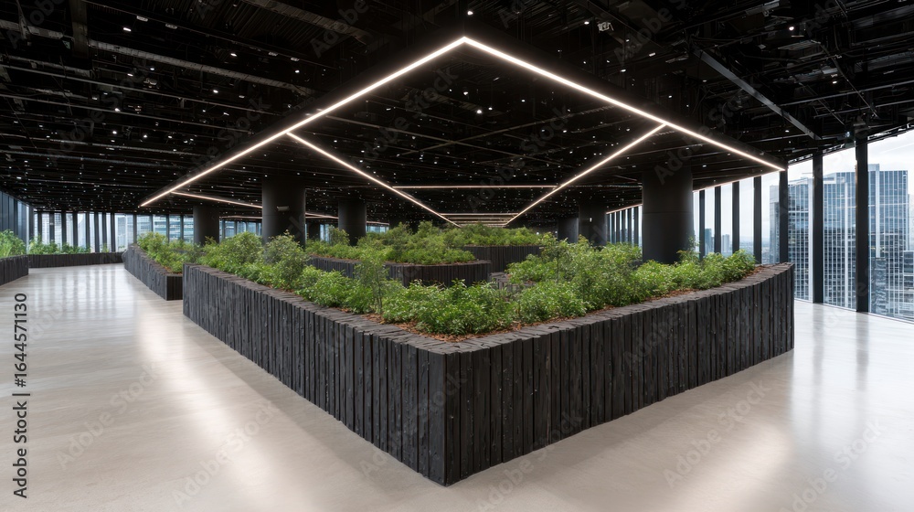 Fototapeta premium Modern office interior with indoor green planters and geometric lighting