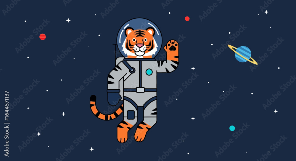 Fototapeta premium A cute tiger astronaut floats in space surrounded by stars and planets illustration