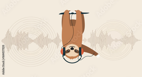 A cute sloth wearing headphones, hanging from a branch listening to relaxing music