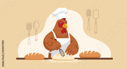 A delightful cartoon illustration of a chicken baker kneading dough with whimsical kitchen utensils and freshly baked bread