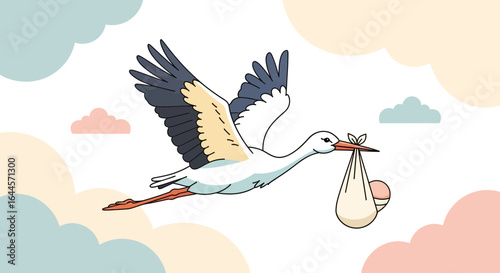 A delightful illustration of a stork carrying a baby on a pastel cloud background, perfect for welcoming a new arrival