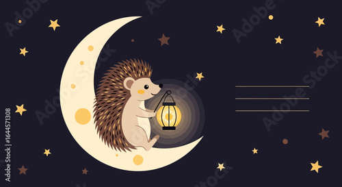 Adorable Hedgehog On A Crescent Moon With Lantern Under Starry Sky