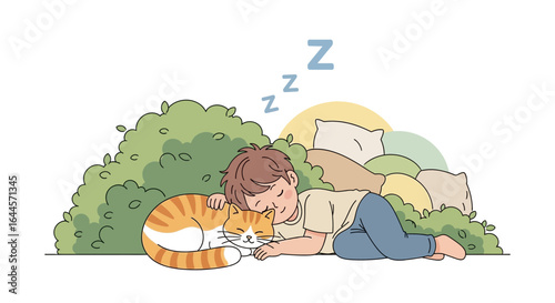 Adorable illustration of a sleeping boy cuddling with his ginger cat peacefully outdoors