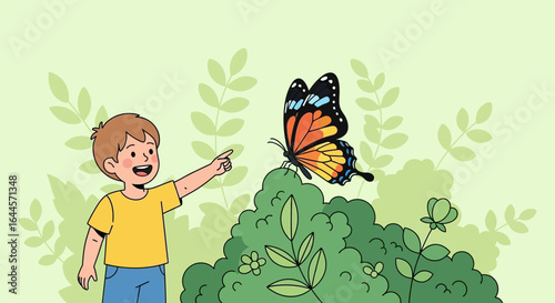 A delightful vector illustration featuring a boy fascinated by a vibrant butterfly resting on a lush green bush in nature
