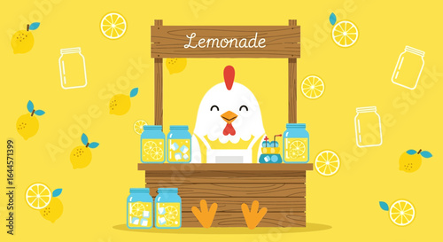 Adorable Lemonade Stand Illustration with Chicken Character on a Cheerful Yellow Background