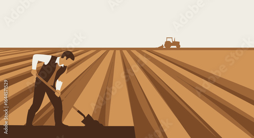 A farmer working the field with a shovel under the sun and a tractor in the distance