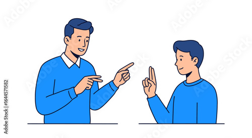 Two men communicating hand gestures simple line art explanation concept high quality professional