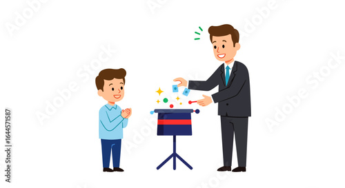A smiling magician in a suit performs a magic trick with a top hat for an amazed young boy.