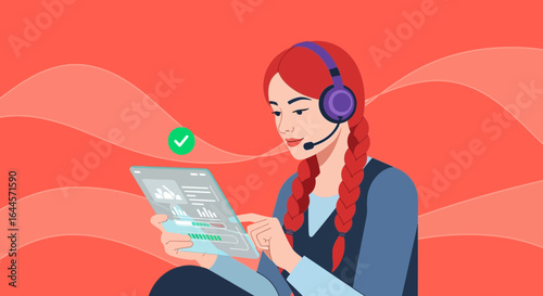 A female support agent analyzes data on a tablet in a call center environment attentively and professionally focused