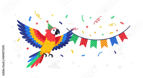 A festive cartoon parrot wearing a party hat celebrating with colorful flags and confetti spreading cheer and joy its a special occasion