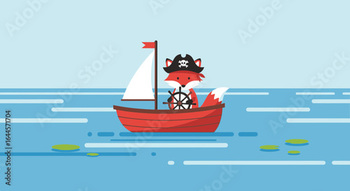 A Fox Pirate Sailing Away In A Boat With a Beautiful Background And Sea