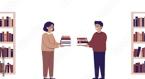 Two smiling individuals, a man and a woman, stand facing each other, each holding and exchanging stacks of books, with full bookshelves in the background.