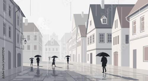 A grayscale artistic depiction of a rainy day on a quiet urban street scene with people holding umbrellas